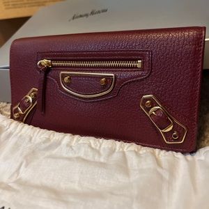 New Balenciaga Edge Burgundy Goatskin leather Money Wallet with gold hardware